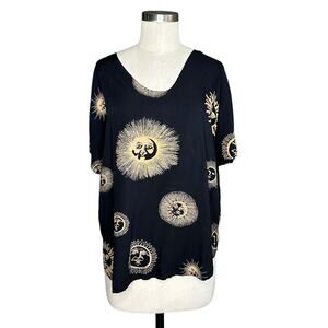 WE BE BOP Black Tan Suns Sunny Print Women's Size 1 1X Rayon Vintage Blouse
